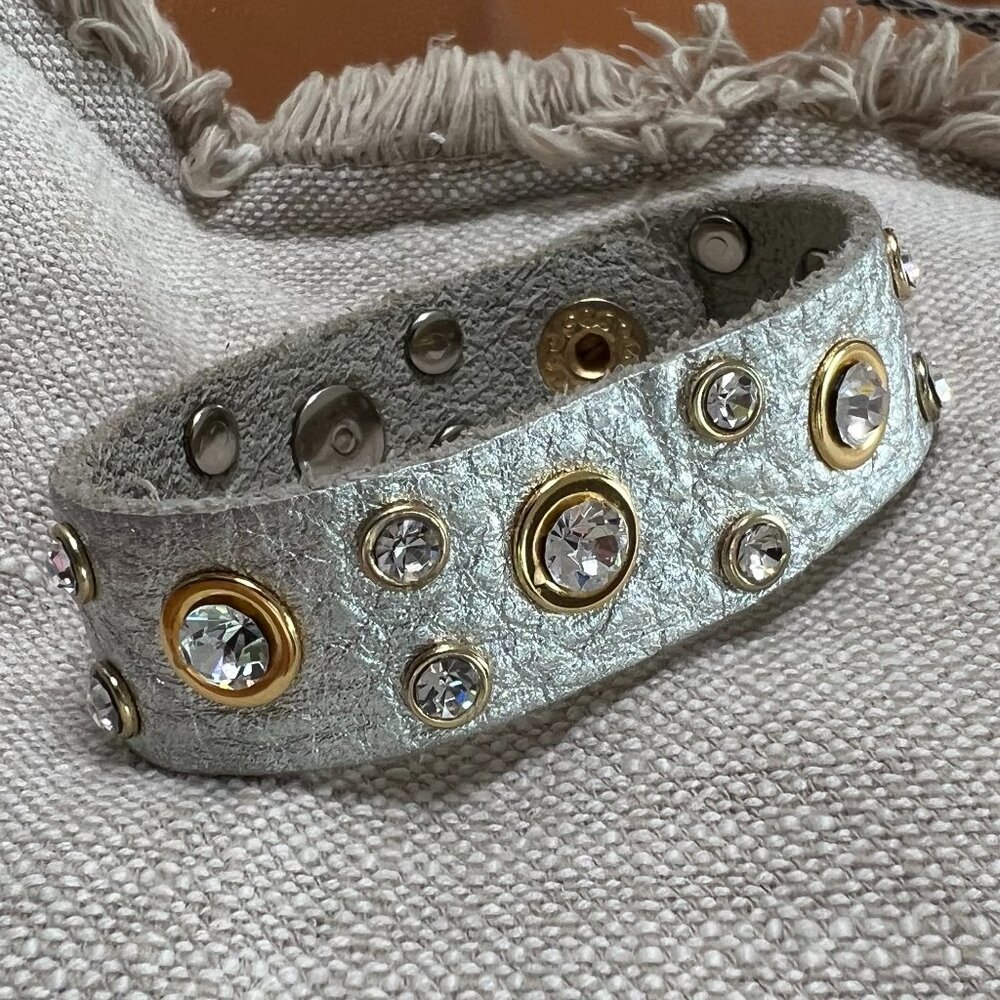 Beautiful Silver (Leather ?) with Crystal and Gold Accents Bracelet